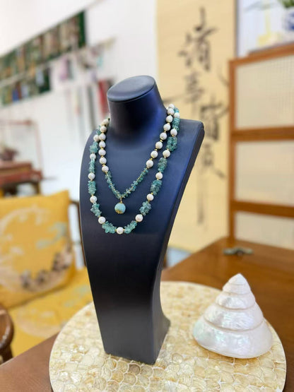 [Qingquan Stacked Rhyme] Natural Pearl Green Gravel Double Necklace